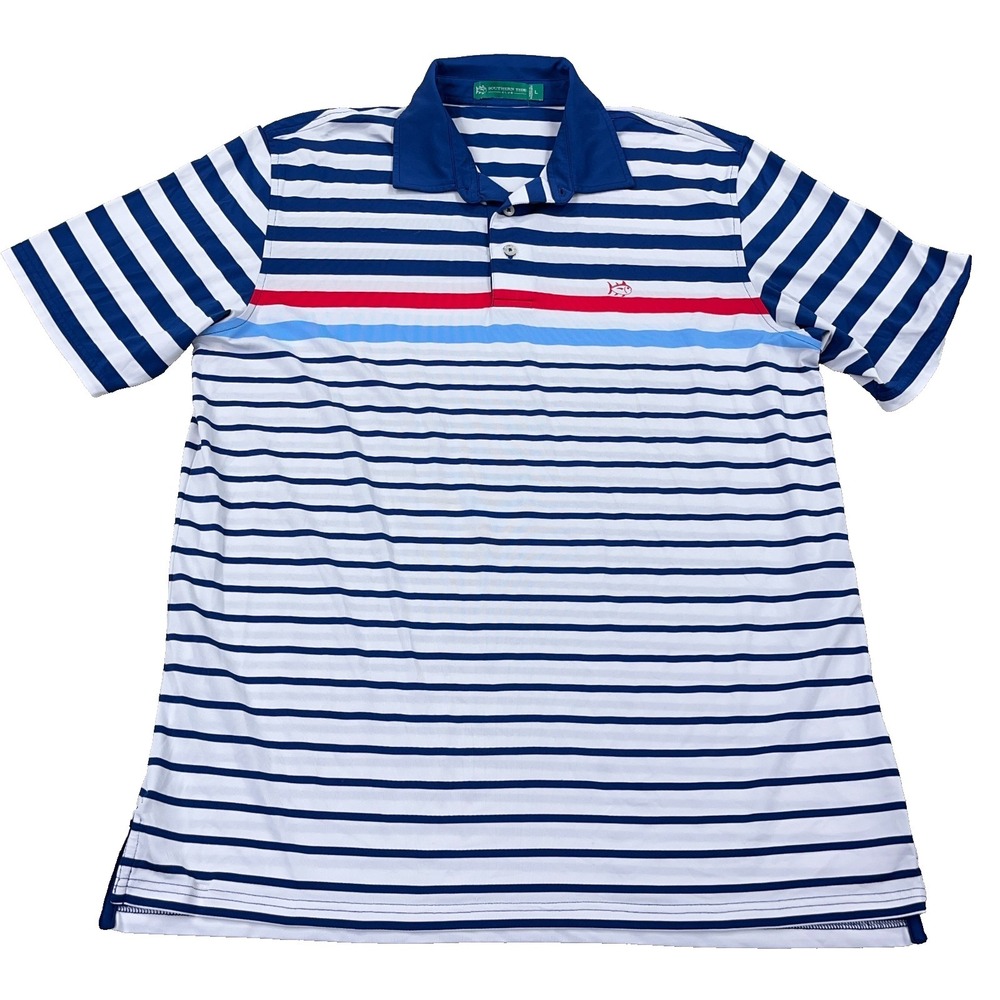 Southern Tide Polo Shirt Men Large Blue White Red Performance Wicking Golf Adult